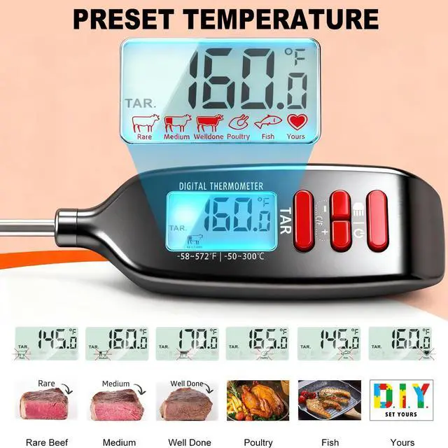 Alt view image 5 of 7 - Meat Thermometer Digital, Smart Instant Read Food Thermometer with Super Long Probe for Cooking Grilling Baking Kitchen Candy BBQ Oil Liquid, Backlit Display, Battery Included