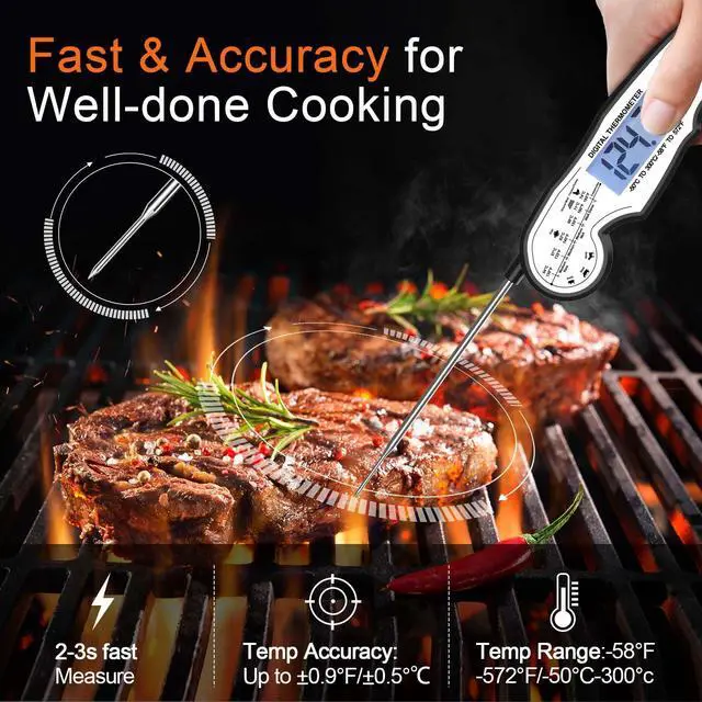 Alt view image 2 of 7 - Digital Instant Read Meat Thermometer Digital for Grilling and Cooking - Waterproof Ultra-Fast Thermometer with Backlight&Calibration&Foldable Probe for Kitchen,Deep Fry,BBQ,Grill-Black/White