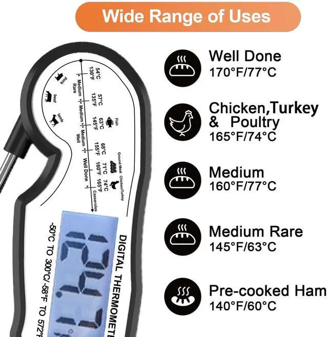 Alt view image 3 of 7 - Digital Instant Read Meat Thermometer Digital for Grilling and Cooking - Waterproof Ultra-Fast Thermometer with Backlight&Calibration&Foldable Probe for Kitchen,Deep Fry,BBQ,Grill-Black/White