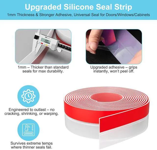 Alt view image 3 of 6 - 20 ft x 1 in Weather Stripping, Door Draft Stopper Silicone Gap Seal Strip for House and Glass Shower Doors for Side Gaps of Door and Windows, Clear