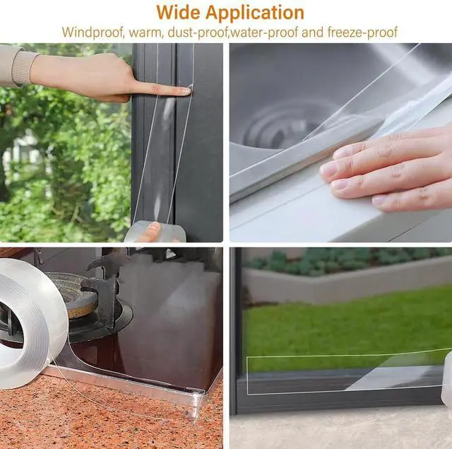 Alt view image 3 of 6 - Transparent Window Weather Sealing Tape, 2 Inch x 16 FT, Weather Stripping Residue-Free Clear Window Insulation Tape for Doors Windows and Shower Glass Gaps