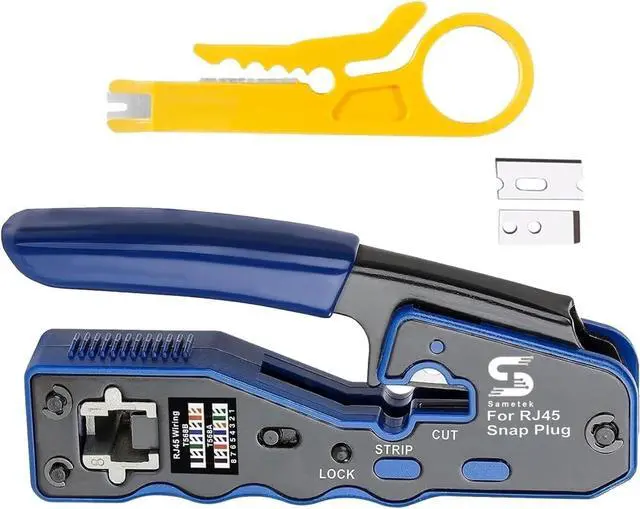 Main image of RJ45 Pass through Network Ethernet Crimper PassThrough RJ45 Crimping Tool for Connector Cat5e Cat6 Cat7 cat8e with Wire Stripping Knife, Crimper for Stripping Crimping & Cutting + 2 Extra Blades