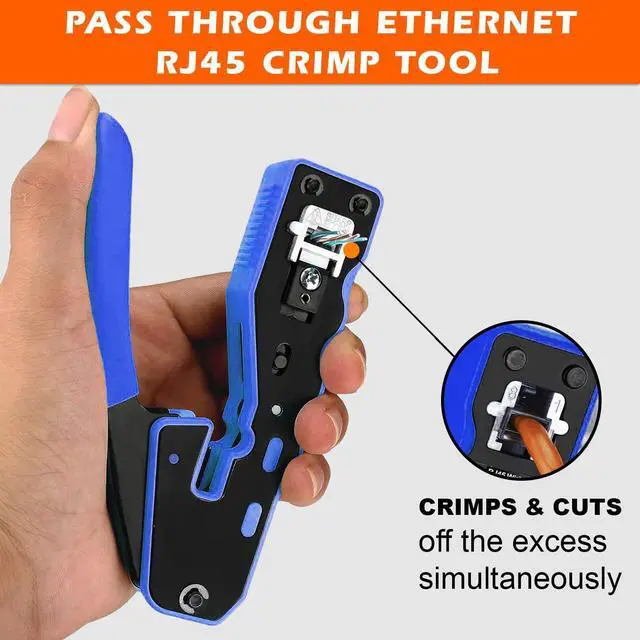 Alt view image 3 of 7 - RJ45 Pass through Network Ethernet Crimper PassThrough RJ45 Crimping Tool for Connector Cat5e Cat6 Cat7 cat8e with Wire Stripping Knife, Crimper for Stripping Crimping & Cutting + 2 Extra Blades