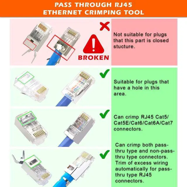 Alt view image 7 of 7 - RJ45 Pass through Network Ethernet Crimper PassThrough RJ45 Crimping Tool for Connector Cat5e Cat6 Cat7 cat8e with Wire Stripping Knife, Crimper for Stripping Crimping & Cutting + 2 Extra Blades