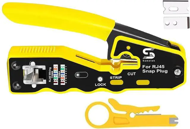 Main image of RJ45 Pass through Ethernet Network Crimping tool Pass Through RJ45 Crimper Tool for Cat5e Cat6 Cat7 cat8e Connector with Wire Stripping Knife, Crimper for Stripping Crimping & Cutting + 2 Extra Blades