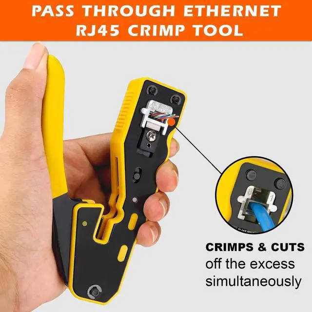 Alt view image 4 of 7 - RJ45 Pass through Ethernet Network Crimping tool Pass Through RJ45 Crimper Tool for Cat5e Cat6 Cat7 cat8e Connector with Wire Stripping Knife, Crimper for Stripping Crimping & Cutting + 2 Extra Blades