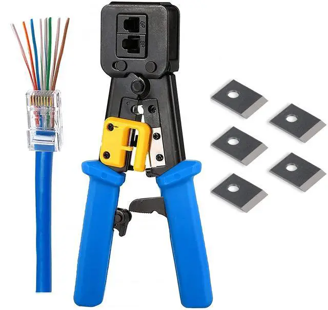 Main image of RJ45 Crimp Tool Ethernet Pass Thru Crimper with 5Pack 8Pin Replacement Blades for Pass Through Cat5 Cat5e Cat6 RJ45 RJ12 Regular and End Pass Through connectors