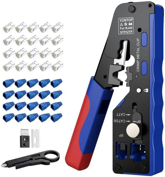 Main image of Pass Through RJ45 Crimp Tool Kit for Cat5 Cat6 Cat6A Cat7 All-in-One RJ45 Crimp Tool Kit with 20 Cat6 Pass-Through Gold-Plated Connectors for Cutting Stripping Crimping Ethernet Cables