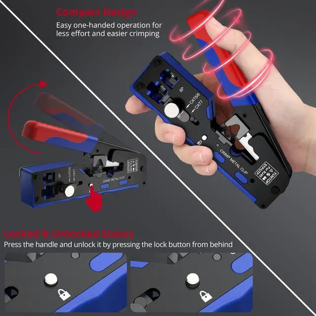 Alt view image 2 of 7 - Pass Through RJ45 Crimp Tool Kit for Cat5 Cat6 Cat6A Cat7 All-in-One RJ45 Crimp Tool Kit with 20 Cat6 Pass-Through Gold-Plated Connectors for Cutting Stripping Crimping Ethernet Cables