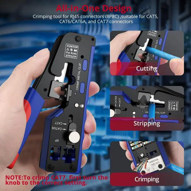 Alt view image 3 of 7 - Pass Through RJ45 Crimp Tool Kit for Cat5 Cat6 Cat6A Cat7 All-in-One RJ45 Crimp Tool Kit with 20 Cat6 Pass-Through Gold-Plated Connectors for Cutting Stripping Crimping Ethernet Cables