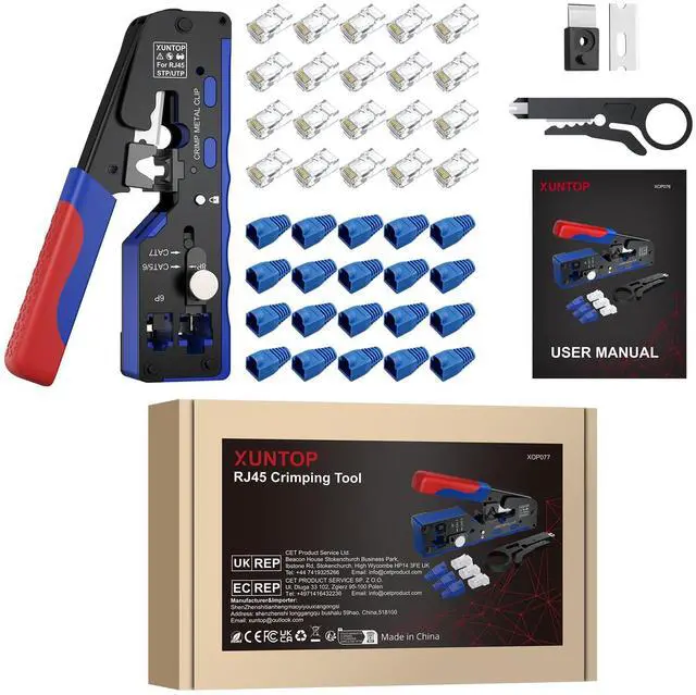 Alt view image 7 of 7 - Pass Through RJ45 Crimp Tool Kit for Cat5 Cat6 Cat6A Cat7 All-in-One RJ45 Crimp Tool Kit with 20 Cat6 Pass-Through Gold-Plated Connectors for Cutting Stripping Crimping Ethernet Cables