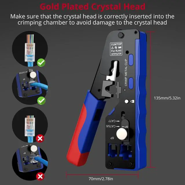 Alt view image 5 of 7 - Pass Through RJ45 Crimp Tool Kit for Cat5 Cat6 Cat6A Cat7 All-in-One RJ45 Crimp Tool Kit with 20 Cat6 Pass-Through Gold-Plated Connectors for Cutting Stripping Crimping Ethernet Cables