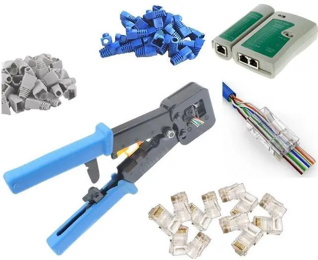 Main image of Professional Pass-Through Network Tool Kits Network/Phone Cable Tester + RJ11/RJ12/RJ45 Crimp Crimper +50 RJ45 CAT5e Pass-through Connector Plugs Boots Network Tool Kits (PassThrough)