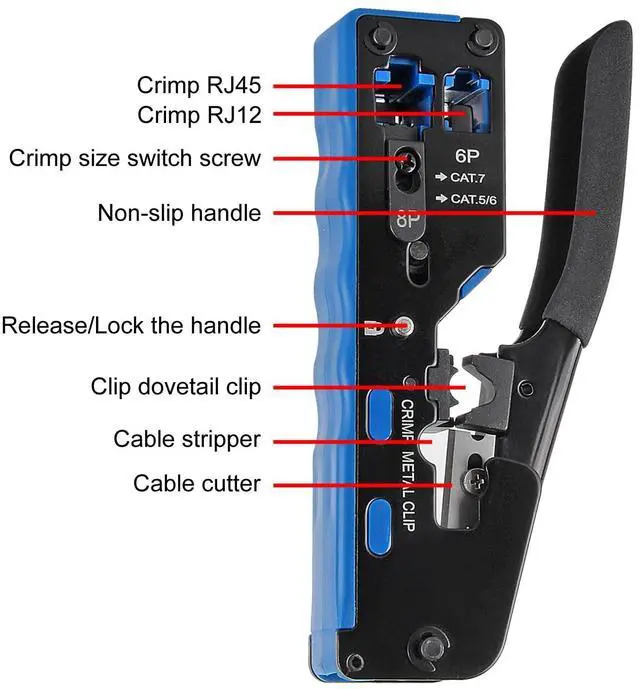 Alt view image 4 of 7 - RJ45 Crimp Tool PassThrough,Cat7 Cat6A Cat6 Cat5e Cat5 RJ45 Crimping Tool,Pass Through Crimper Ethernet crimping Tool,All-in-One Stripping Cutting Crimping tool