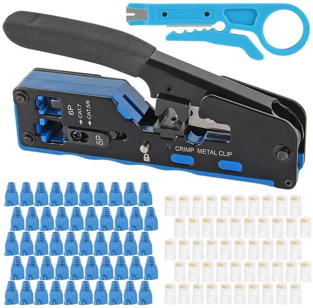 Main image of RJ45 Crimp Tool PassThrough,Cat7 Cat6A Cat6 Cat5e Cat5 RJ45 Crimping Tool,Pass Through Crimper Ethernet crimping Tool,All-in-One Stripping Cutting Crimping tool