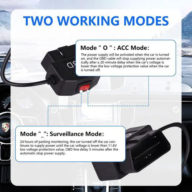 Alt view image 2 of 7 - OBD2 OBD Power Cable, OBD to Type C USB OBDII Adapter 11.6-36V to 5V/3A Dash Cam Hardwire Kit with Switch & Low Voltage Protection for Smart Parking Mode Dashcams(11.5FT/3.5M) (Right Angle)