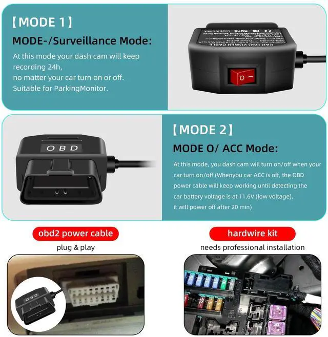 Alt view image 2 of 7 - OBD Power Cable for Dash Camera, OBD2 Diagnostic Extension Adapter to 90Degree Mini USB with Switch Button, 24 Hours Surveillance/Acc Mode 12-24V to 5V/3A, for Dashcam, GPS -3.5M/11.5Ft