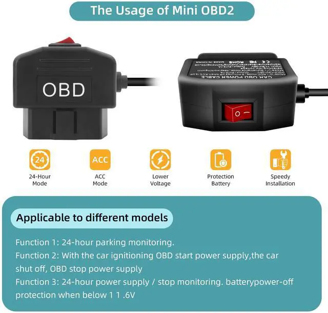 Alt view image 4 of 7 - OBD Power Cable for Dash Camera, OBD2 Diagnostic Extension Adapter to 90Degree Mini USB with Switch Button, 24 Hours Surveillance/Acc Mode 12-24V to 5V/3A, for Dashcam, GPS -3.5M/11.5Ft