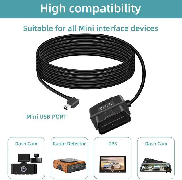 Alt view image 6 of 7 - OBD Power Cable for Dash Camera, OBD2 Diagnostic Extension Adapter to 90Degree Mini USB with Switch Button, 24 Hours Surveillance/Acc Mode 12-24V to 5V/3A, for Dashcam, GPS -3.5M/11.5Ft