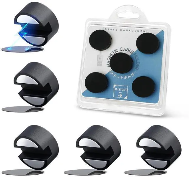 Main image of 5 Pcs Magnetic Cord Holder Cable Management, Strong Cable Clips Magnets Metal Plate, Adhesive Wire Organizers for Nightstand Desktop Wall Kitchen USB LAN (Black)