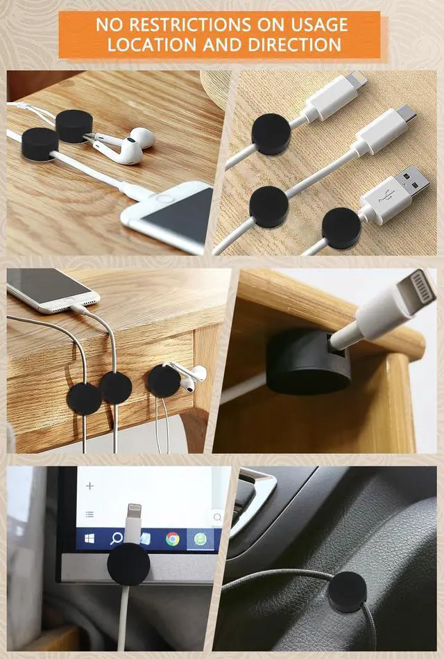 Alt view image 5 of 7 - 5 Pcs Magnetic Cord Holder Cable Management, Strong Cable Clips Magnets Metal Plate, Adhesive Wire Organizers for Nightstand Desktop Wall Kitchen USB LAN (Black)