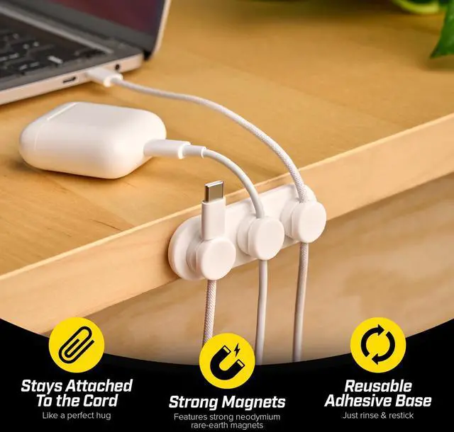 Alt view image 2 of 7 - MagnaDock Magnetic Cable Holder - 2-Pack (White) - Adhesive Cable Clips Cord Organizer Desktop Cord Holder for Nightstand Desk Cable Management