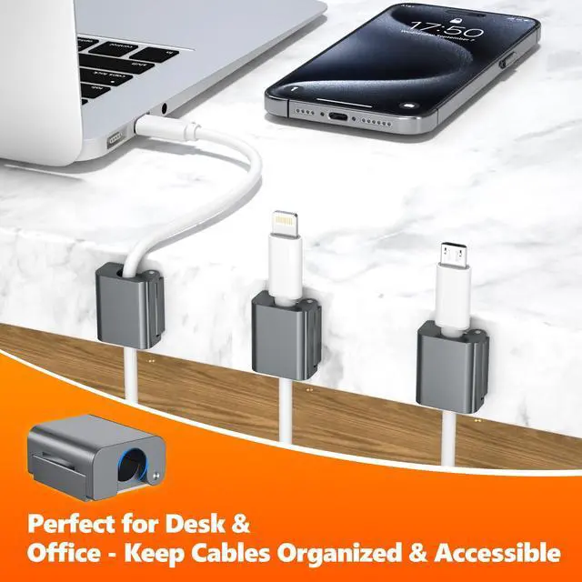 Alt view image 6 of 7 - 6 Pack Magnetic Cord Organizer Clips, 10mm Ultra-Thin Aluminum Cable Management Holder, 2 Pairs of Strong Magnets Keeper for Home Desk Office Gadgets Accessories, Residue-Free Tape, Dark Gray