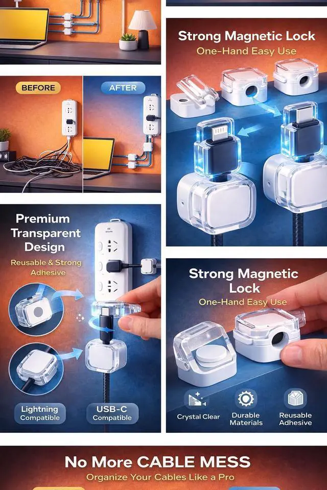Alt view image 3 of 7 - Magnetic Cable Clips Cord Organizer for Desk, Wall & Car, Self Adhesive Cable Holder, Wire Management for Charging Cables, USB, Lightning & Type C (6 Pack) Compatible with iOS & Android Devices