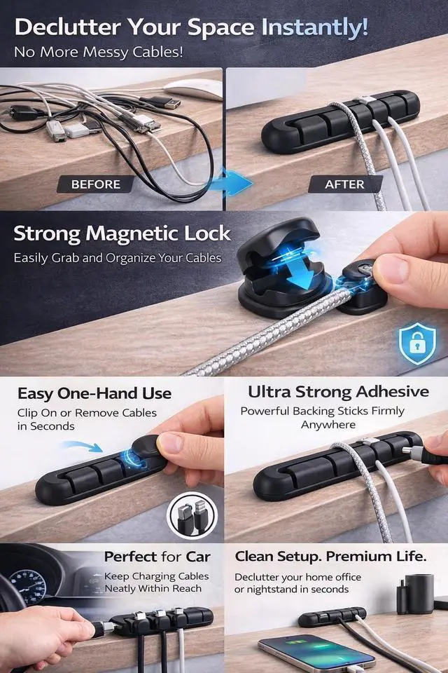 Alt view image 7 of 7 - Magnetic Cable Clips Cord Organizer for Desk, Wall & Car, Self Adhesive Cable Holder, Wire Management for Charging Cables, USB, Lightning & Type C (6 Pack) Compatible with iOS & Android Devices