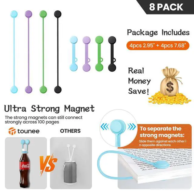 Alt view image 5 of 7 - Reusable Silicone Magnetic Cable Ties - 2 Sizes Combo (4pcs 2.95'' + 4pcs 7.68'') - Multi-Purpose for Cable Bundling, Organizing, Bookmarks & Fridge Magnets - Assorted Colors, 8-Pack