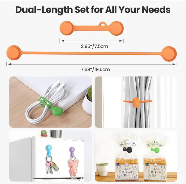 Alt view image 4 of 7 - Reusable Silicone Magnetic Cable Ties - 2 Sizes Combo (4pcs 2.95'' + 4pcs 7.68'') - Multi-Purpose for Cable Bundling, Organizing, Bookmarks & Fridge Magnets - Assorted Colors, 8-Pack
