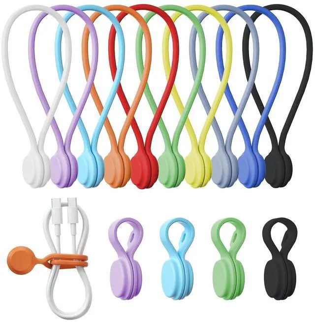 Main image of Reusable Silicone Magnetic Cable Ties - 2 Sizes Combo (4pcs 2.95'' + 4pcs 7.68'') - Multi-Purpose for Cable Bundling, Organizing, Bookmarks & Fridge Magnets - Assorted Colors, 8-Pack