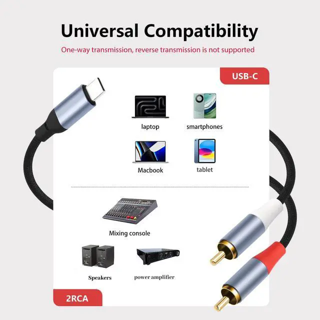 Alt view image 7 of 7 - 6.6FT USB-C to Dual RCA Cable - Digital to Analog Audio Cable with DAC Chip, Gold-Plated RCA Connectors, Dual-Shielded for Home Audio/Turntables/Amplifiers
