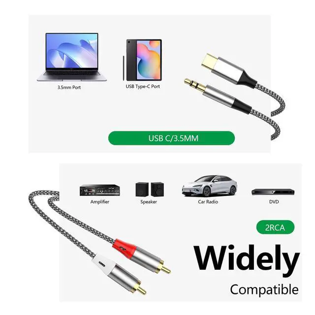 Alt view image 2 of 6 - USB C to 2 RCA Audio Cable, 2 in1 Type C 3.5mm to 2 Male RCA Stereo Jack Y Splitter Cable for Phone,for iPhone 15/Pro,16/Pro,Tablet, Home Theater, DVD, Amplifier, Speaker, Car Stereo(4.2FT)
