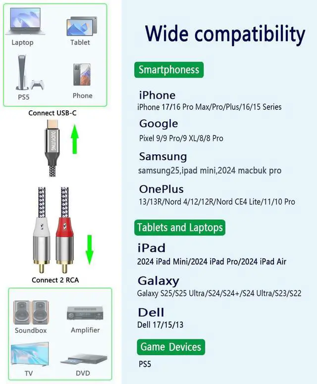 Alt view image 5 of 7 - Digital USB-C to 2 RCA Audio Cable Type C to RCA Male Adapter Car AUX Stereo Speaker Amp Cable for iPhone 17/16/15 Series iPad Pro Galaxy S25 Pixel 9 Pro 6.6 FT