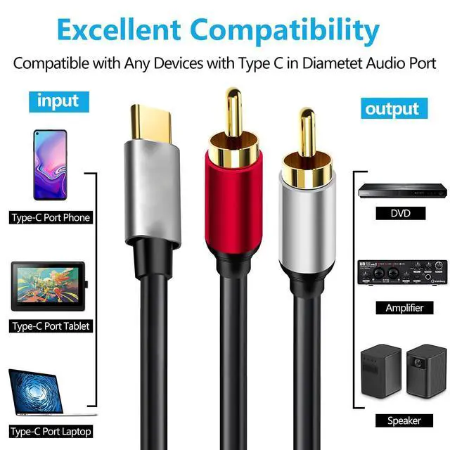 Alt view image 2 of 6 - Type C to 2 RCA Car Stereo Cord Cable,2 RCA Jack USB-C Audio Cable for Phone Laptop Tablet Speaker Samsung S22 Galaxy Google Pixel Home Theater 6ft