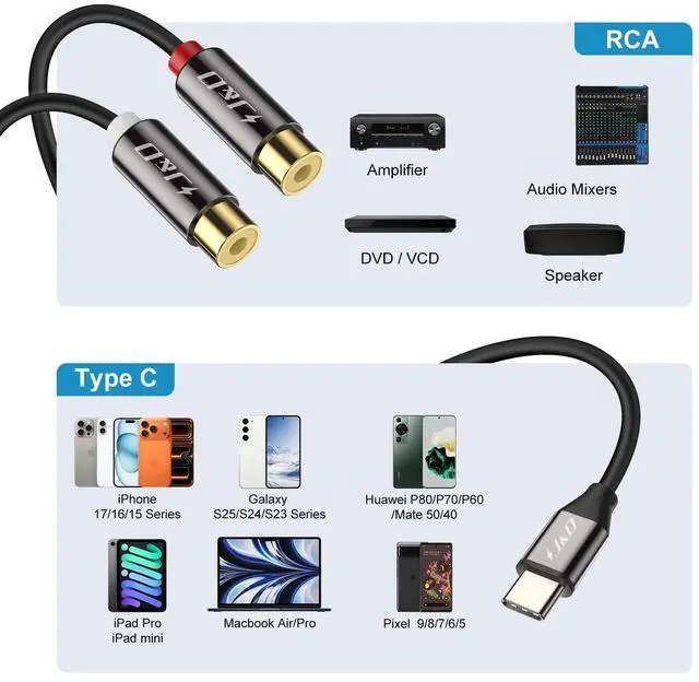 Alt view image 2 of 6 - USB C to 2 RCA Female Audio Cable, Gold Plated RCA Extension Cord Y Splitter, Compatible with iPhone 16/17 Series, Galaxy S23/S24/S25, Home Theater Systems, 0.6 Feet