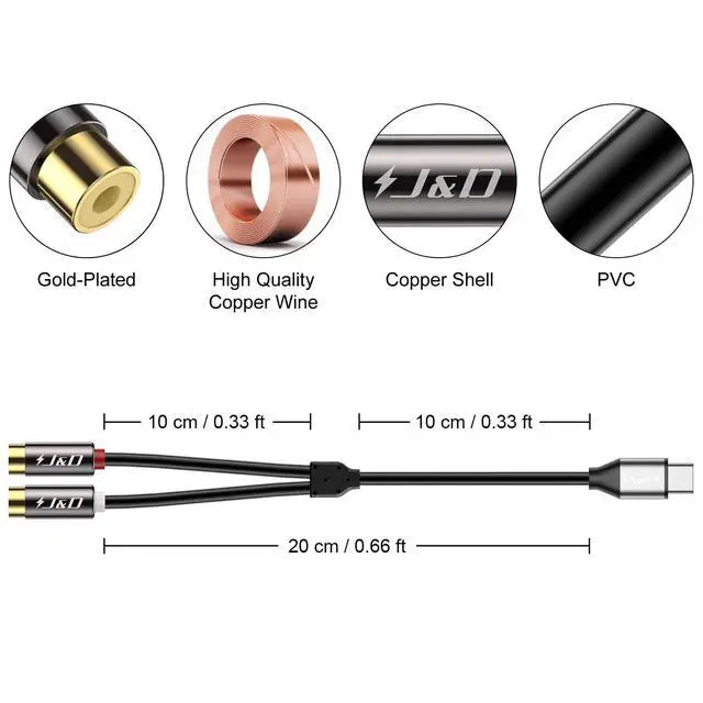 Alt view image 6 of 6 - USB C to 2 RCA Female Audio Cable, Gold Plated RCA Extension Cord Y Splitter, Compatible with iPhone 16/17 Series, Galaxy S23/S24/S25, Home Theater Systems, 0.6 Feet