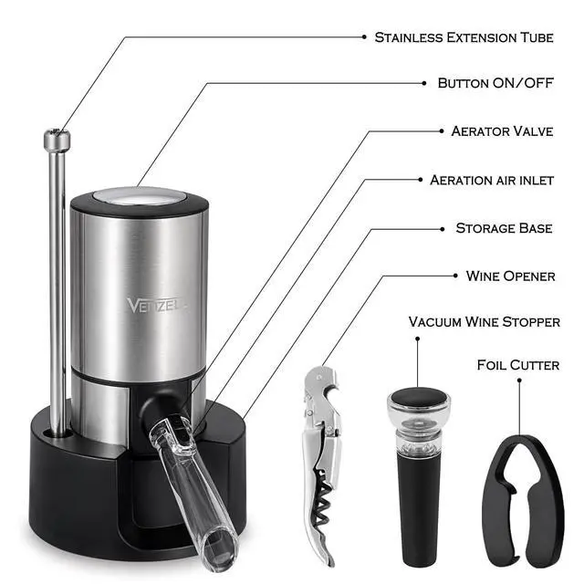 Alt view image 4 of 7 - Electric Wine Aerator and Pourer - Smart One-Button Wine Decanter with Automatic Vacuum Stopper and Dispenser