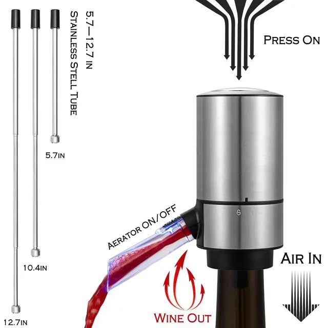 Alt view image 5 of 7 - Electric Wine Aerator and Pourer - Smart One-Button Wine Decanter with Automatic Vacuum Stopper and Dispenser