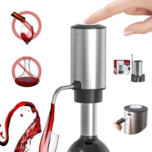 Main image of Electric Wine Decanter Automatic Wine Aerator Dispenser Pourer, USB-C Rechargeable Storage Base Stainless Steel Tube One-Touch Pump for All Btls, Aérateur Distributeur de Vin Électrique