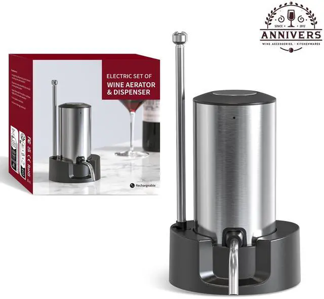 Alt view image 5 of 7 - Electric Wine Decanter Automatic Wine Aerator Dispenser Pourer, USB-C Rechargeable Storage Base Stainless Steel Tube One-Touch Pump for All Btls, Aérateur Distributeur de Vin Électrique