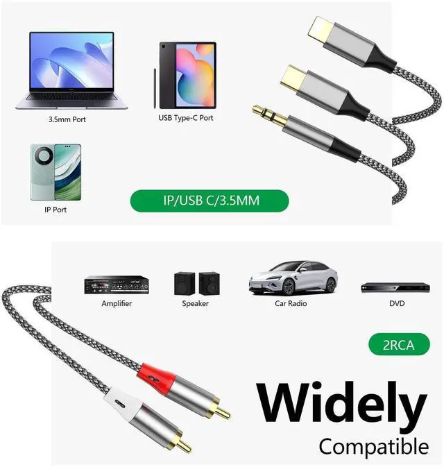 Alt view image 2 of 6 - Three-in-One RCA Audio Cable, USB C to 2 RCA & 3.5mm AUX Cable (1.3M/7.55FT)