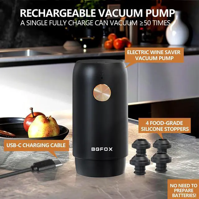 Alt view image 2 of 7 - Electric Wine Saver Pump with 4 Wine Stoppers Automatic Rechargeable Wine Preserver Reusable Wine Bottle Sealer Keeps Fresh, 1 Pump 4 Stoppers, Gifts for Wine Lovers, Stylish Black & Gold