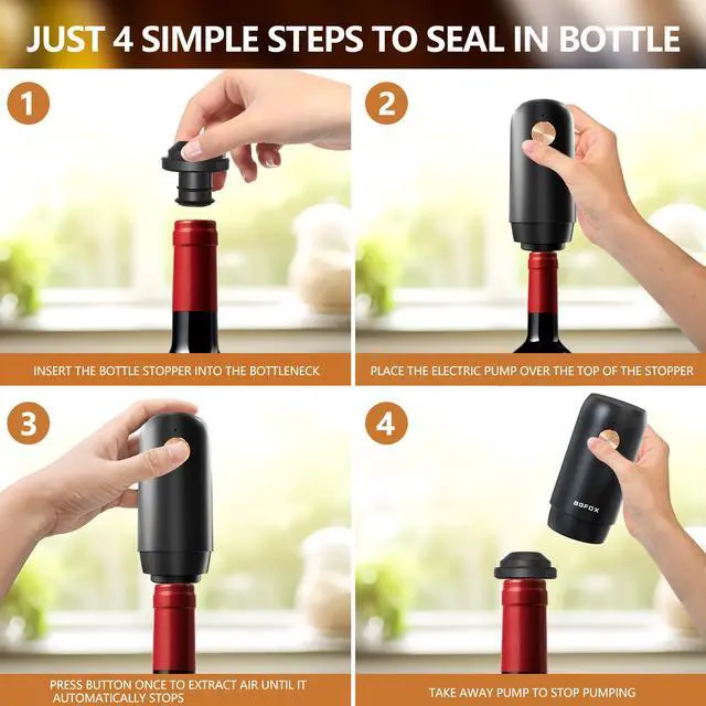 Alt view image 3 of 7 - Electric Wine Saver Pump with 4 Wine Stoppers Automatic Rechargeable Wine Preserver Reusable Wine Bottle Sealer Keeps Fresh, 1 Pump 4 Stoppers, Gifts for Wine Lovers, Stylish Black & Gold