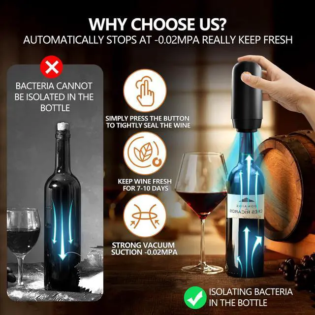 Alt view image 5 of 7 - Electric Wine Saver Pump with 4 Wine Stoppers Automatic Rechargeable Wine Preserver Reusable Wine Bottle Sealer Keeps Fresh, 1 Pump 4 Stoppers, Gifts for Wine Lovers, Stylish Black & Gold