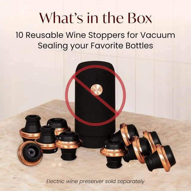 Alt view image 2 of 7 - Electric Wine Preserver - Rechargeable Vacuum Saver With Airtight Seal - Automatic Air Remover Pump for 10 Days of Flavor & Freshness - Preservation System (Black & Rose Gold (stoppers only))