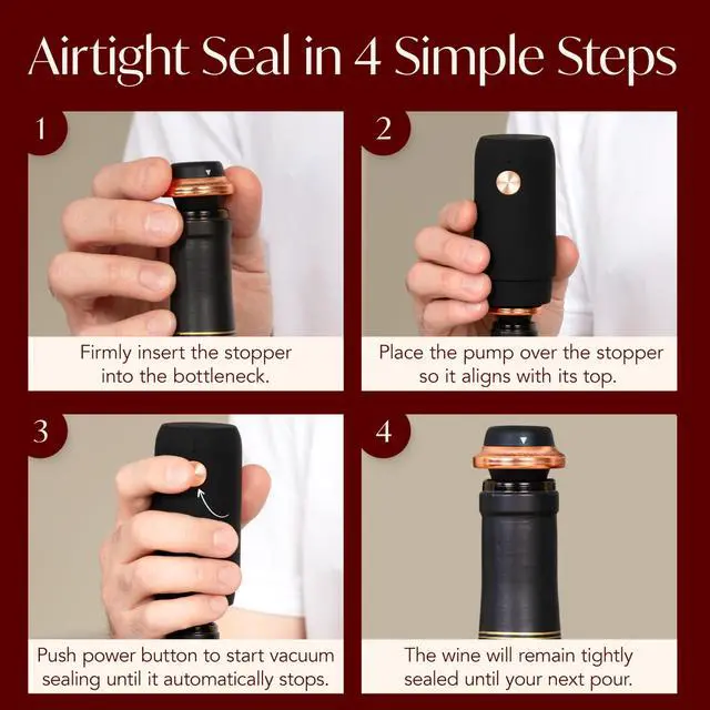 Alt view image 5 of 7 - Electric Wine Preserver - Rechargeable Vacuum Saver With Airtight Seal - Automatic Air Remover Pump for 10 Days of Flavor & Freshness - Preservation System (Black & Rose Gold (stoppers only))