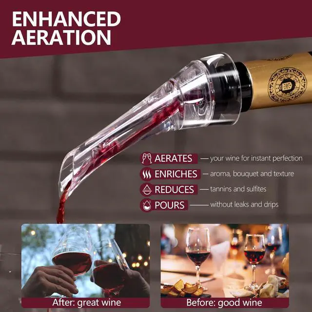 Alt view image 3 of 6 - Wine Aerator Pourer Spout Diffuser - Wine Decanter with Aerator Attaches to Wine Bottle for Enhanced Flavor | Premium Quality Wine Air Aerator with Reusable Silicone Wine Stopper | No Drip or Spill