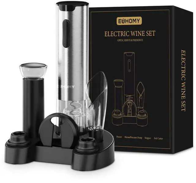 Main image of Electric Wine Opener with Charging Base, Wine Aerator Pourer and Foil Cutter, Stainless Steel Automatic Corkscrew Opener with Wine Vacuum Stopper, Fine Set for Wine Lovers